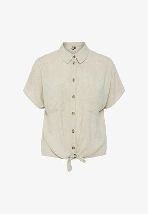 Light beige short-sleeve button-up shirt made of textured fabric, featuring a tied front, rounded hem, and brown buttons.