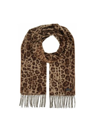 Écharpe en imprimé léopard dans des tons de marron et de beige, avec des bords frangés. Fabriquée en tissu doux, présentant une texture lisse et un motif détaillé.