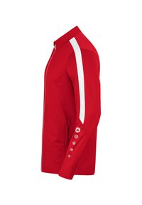 Rote Jacke mit weißen Akzenten, langen Ärmeln, Reißverschluss vorne und Taschen. Verfügt über strukturierten Stoff und Knopfdetails an den Ärmeln.