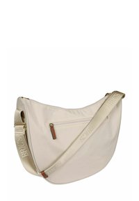 Borsa a tracolla color beige a forma di mezzaluna con tasca frontale con cerniera e tracolla regolabile ricamata con il logo "BRIC'S".
