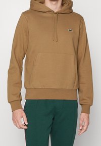 Brun pullover-hoodie av mjuk bomullsblandning, med känguruficka, dragsko i huvan och liten broderad logotyp på bröstet.