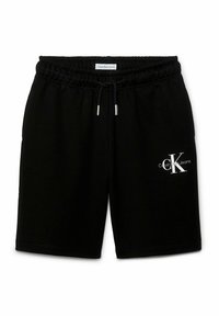 Pantaloni corti neri in cotone con vita elasticizzata, cordoncino e logo bianco "Calvin Klein Jeans" sul davanti a sinistra. Texture liscia, lunghezza fino al ginocchio.