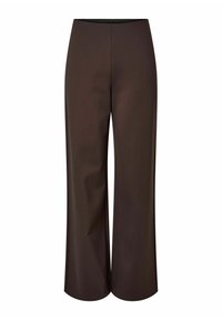 Smeđe široke hlače ravnog kroja s glatkom teksturom i elastičnim pojasom. Izrađene od rastezljivog materijala, s čistim siluetom bez džepova.