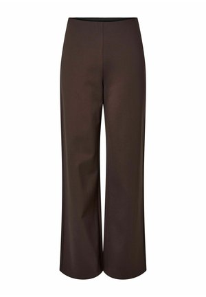 Smeđe široke hlače ravnog kroja s glatkom teksturom i elastičnim pojasom. Izrađene od rastezljivog materijala, s čistim siluetom bez džepova.