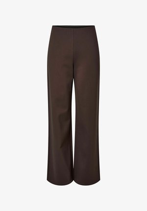 Smeđe široke hlače ravnog kroja s glatkom teksturom i elastičnim pojasom. Izrađene od rastezljivog materijala, s čistim siluetom bez džepova.