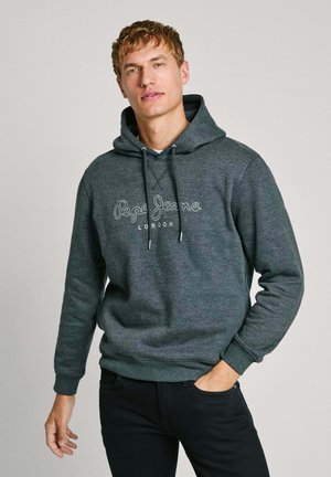Gray hoodie made of soft fabric, featuring a kangaroo pocket, drawstring hood, and white logo text "Pepe Jeans London" on the front.