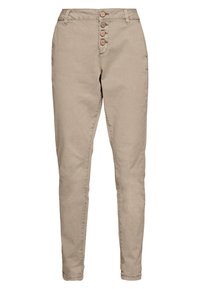 Beżowe spodnie z mieszanki bawełny z pięcioma szlufkami na pasek, z zapięciem na guziki z pięcioma guzikami oraz dopasowanym krojem. Brak widocznych kieszeni.