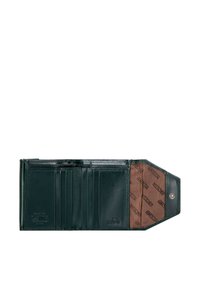 Green leather wallet with multiple card slots and a brown interior featuring a logo pattern. Clasp closure on one side. Smooth texture.