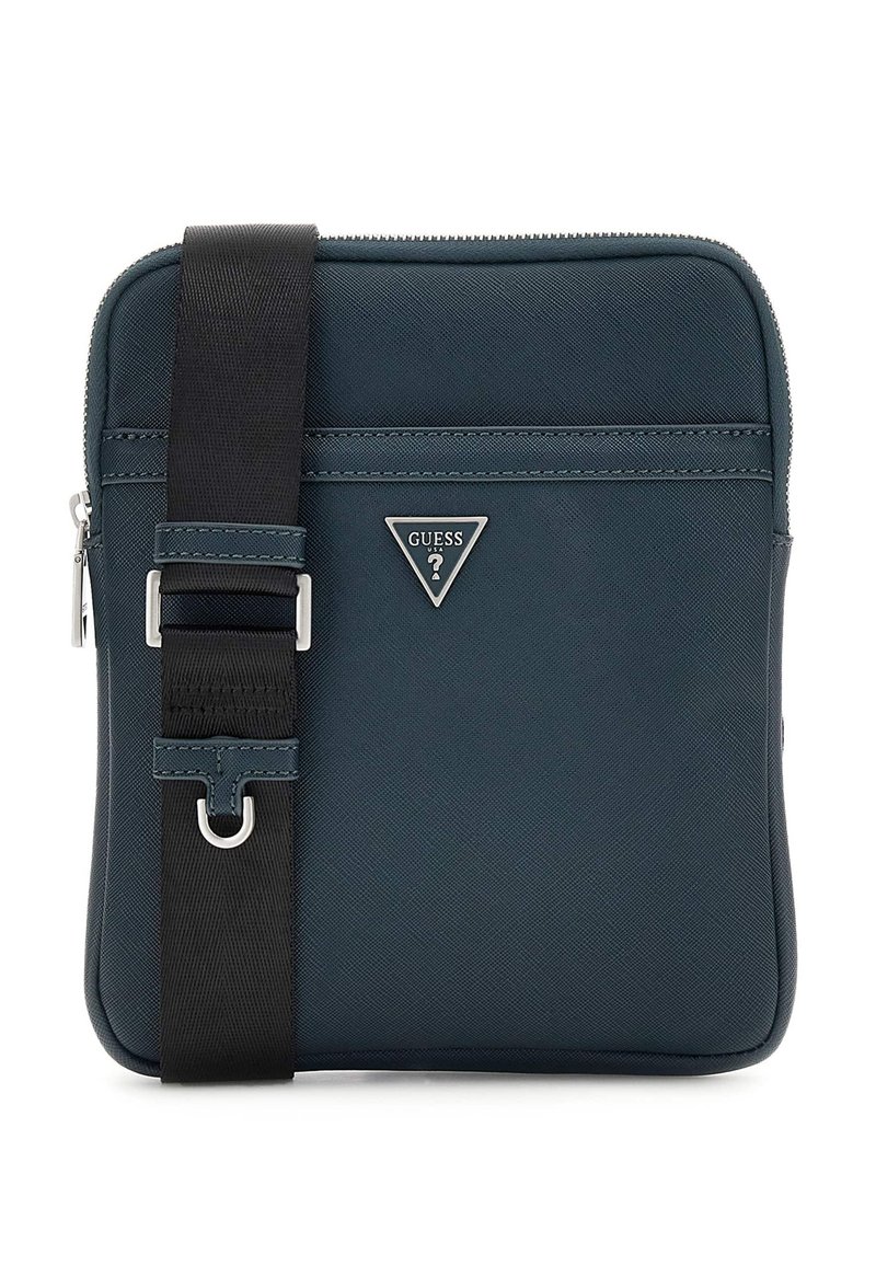 Borsa a tracolla sintetica di colore blu scuro con finitura testurizzata, caratterizzata da un logo triangolare in argento, una tracolla nera regolabile e chiusura a zip.