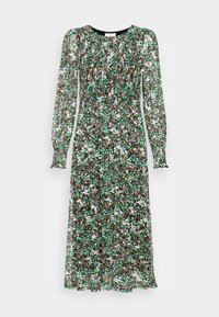 Vestido longo preto com um padrão floral em verde, branco e bege. Apresenta corpete franzido, mangas longas e uma silhueta fluida.