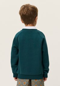 Τυρκουάζ φούτερ με ραγκλάν μανίκια και ριμπ μανσέτες, με λεία υφή. Φορεμένο πάνω από παντελόνια με σχέδια, με λευκό γιακά που φαίνεται.