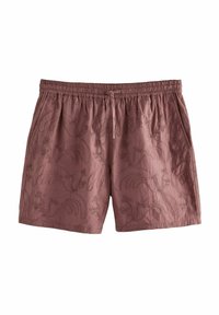 Shortsit murrettua mauve-kangasta, jossa on koko pinnan kukkakuosi, joustava vyötärönyöri ja sivutaskut.