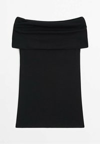 Jupe noire ajustée épaules dénudées avec une large ceinture repliée, présentée sur fond blanc.
