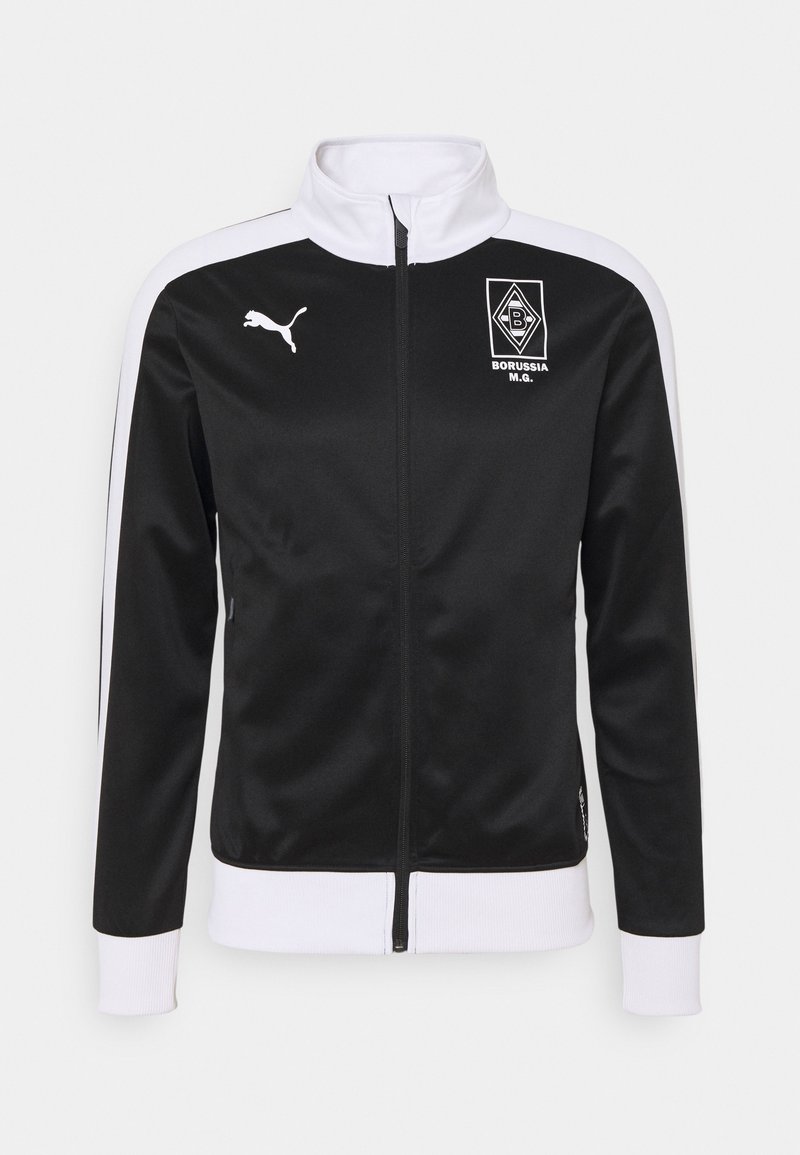 Black zip-up jacket made of smooth fabric, featuring white shoulder and wrist accents, a high collar, and embossed team logo on the chest.