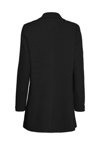 Μαύρο μακρυμάνικο μπουφάν από υφή ύφασμα, με γιακά και ανοιχτή πλάτη, με ίσια κοπή και χωρίς ορατές στερεώσεις.