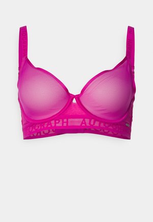 Soutien-gorge magenta avec des bonnets en mesh, soutien-gorge à armatures et une bande à motifs géométriques. Bretelles ajustables avec la marque "Autograph" au dos.