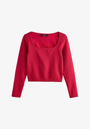 Haut à manches longues rouge à rayures, avec un décolleté carré et une coupe courte. Texture lisse, forme ajustée et tissu élastique pour un confort optimal.