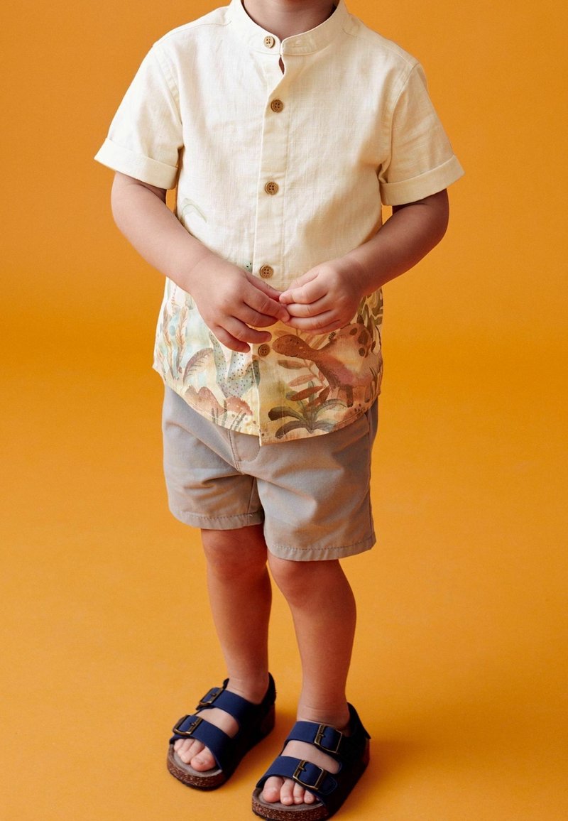 Tout-petit portant un t-shirt beige à manches courtes avec un motif de dinosaure, un short gris et des sandales bleu marine, debout sur un fond orange.
