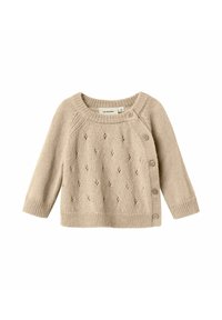 Pullover per neonati in maglia beige con maniche lunghe, chiusura laterale con bottoni e piccolo motivo a rombi sul davanti.