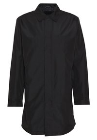 Black long-sleeve shirt with a pointed collar, front button closure, and side slits. Smooth texture with a slightly loose fit.