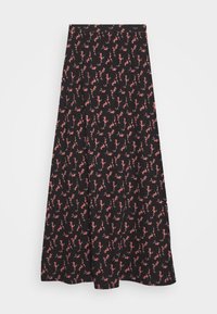 Gonna maxi nera a fiori con una texture morbida, caratterizzata da un motivo di piccoli fiori rosa e un design fluido che si adagia fino alla caviglia.