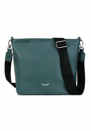 Teal rectangular crossbody bag with black adjustable strap and silver clasps, featuring a small white logo on the front center.