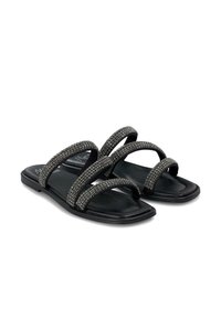 Black flat sandals featuring three wide straps adorned with rhinestones. Soft sole with a low profile and rectangular shape.
