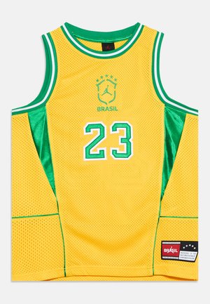 Kollane ja roheline korvpalli särk numbriga 23, ees Brasilia logo ja Jordani kaubamärgi embleem.