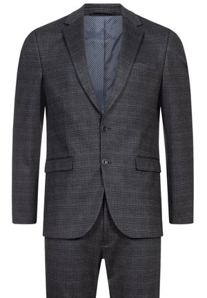 Costume gris foncé avec un motif écossais texturé, fermeture à deux boutons, revers crantés et doublure à pois. Pantalon inclus, coupe ajustée.