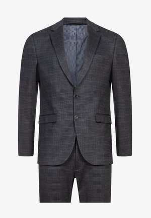 Mørkegrå dragt med et struktureret ternet mønster, to-knaps lukning, slagkraver og en prikket foring. Bukser inkluderet, skræddersyet pasform.