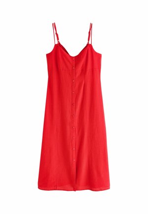 Rotes ärmelloses Midikleid mit verstellbaren dünnen Trägern und vorderer Knopfleiste, vor weißem Hintergrund präsentiert.