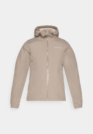 Beige waterproof jacket with a zip front, adjustable hood, elastic cuffs, and the brand logo on the upper left side. Smooth texture.