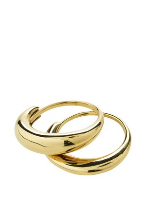 Two polished gold hoop earrings with a smooth, slightly thick and rounded design on a white background.