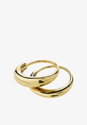 Two polished gold hoop earrings with a smooth, slightly thick and rounded design on a white background.