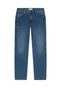 "Wrangler" mėlyni džinsai su tiesiu kirpimu, penkiomis kišenėmis ir mygtuko užsegimu. Medžiaga turi šiek tiek išblukusią tekstūrą.