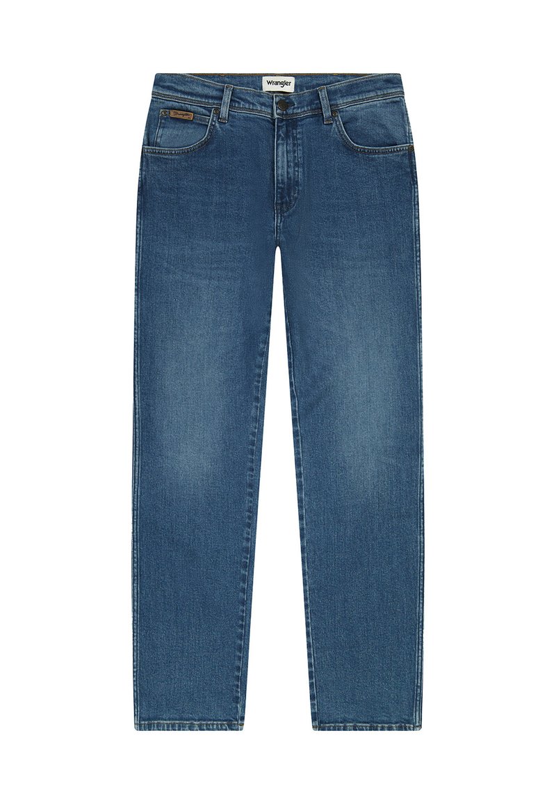 Jeans de denim azul Wrangler con un diseño de pierna recta, cinco bolsillos y cierre de botón. El material tiene una textura ligeramente desgastada.