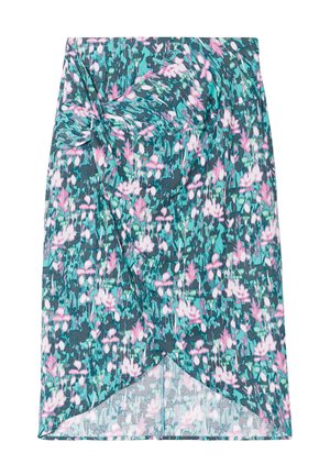 Falda con estampado floral que presenta una mezcla de tonos verde azulado, rosa y blanco. Diseñada con un detalle de nudo torcido en la cintura y un dobladillo asimétrico.