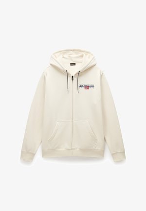 Crèmekleurige hoodie met ritssluiting en een logo op de voorkant. Bevat een trekkingkoord, kangoeroezakken en ribgebreide manchetten en onderrand. Zachte textuur.