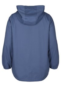 Sininen huppari, jossa pitkät hihat ja joustavat hihansuut, nähtynä takaa valkoisella taustalla.