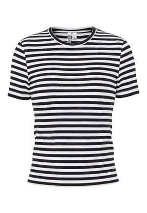 Īsām piedurknēm, melns un balts horizontāli svītrains T-krekls ar apaļu apkakli un piegulošu griezumu.