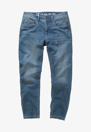 Vaqueros de denim azul con un corte regular, diseño de cinco bolsillos y un ligero desteñido. Presenta un clásico cierre de botón y pasadores para cinturón.