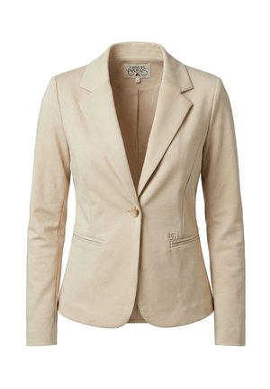 Blazer beige monobottone sartoriale con revers a lancia, maniche lunghe e due tasche frontali a filetto, etichettato "le temps des cerises."