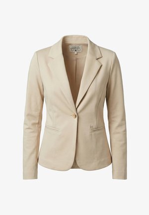 Blazer beige à un bouton, coupe ajustée, avec revers crantés, manches longues et deux poches passepoilées sur le devant, étiqueté "le temps des cerises".