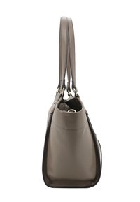 Taupe leather handbag with dual top handles, structured shape, and gold hardware accents. Features a textured finish and contrasting black detailing.