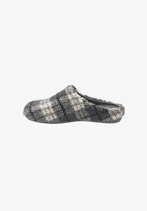 Grijze en witte geruite slipper met een zacht, textuurmateriaal, open achterkant ontwerp en een flexibele rubberen zool.