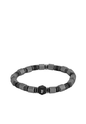 Bracelet with alternating hexagonal and small round dark gray beads, featuring a black hexagonal bead with a white letter "P".