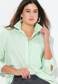 Camicia button-up a righe verde chiaro con colletto alto, taschino sul petto e maniche arrotolabili. Tessuto liscio con una vestibilità comoda.