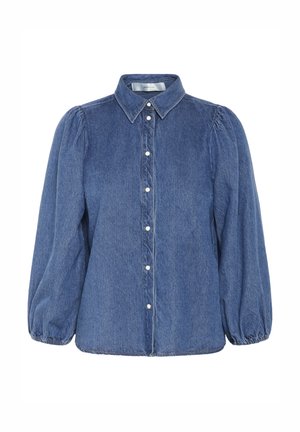 Tumehall denim särk, millel on krae, pikad puhvvarrukad, nööbid ees ja peen tekstuur. Omab valgeid nööpe ja vaba lõiget.