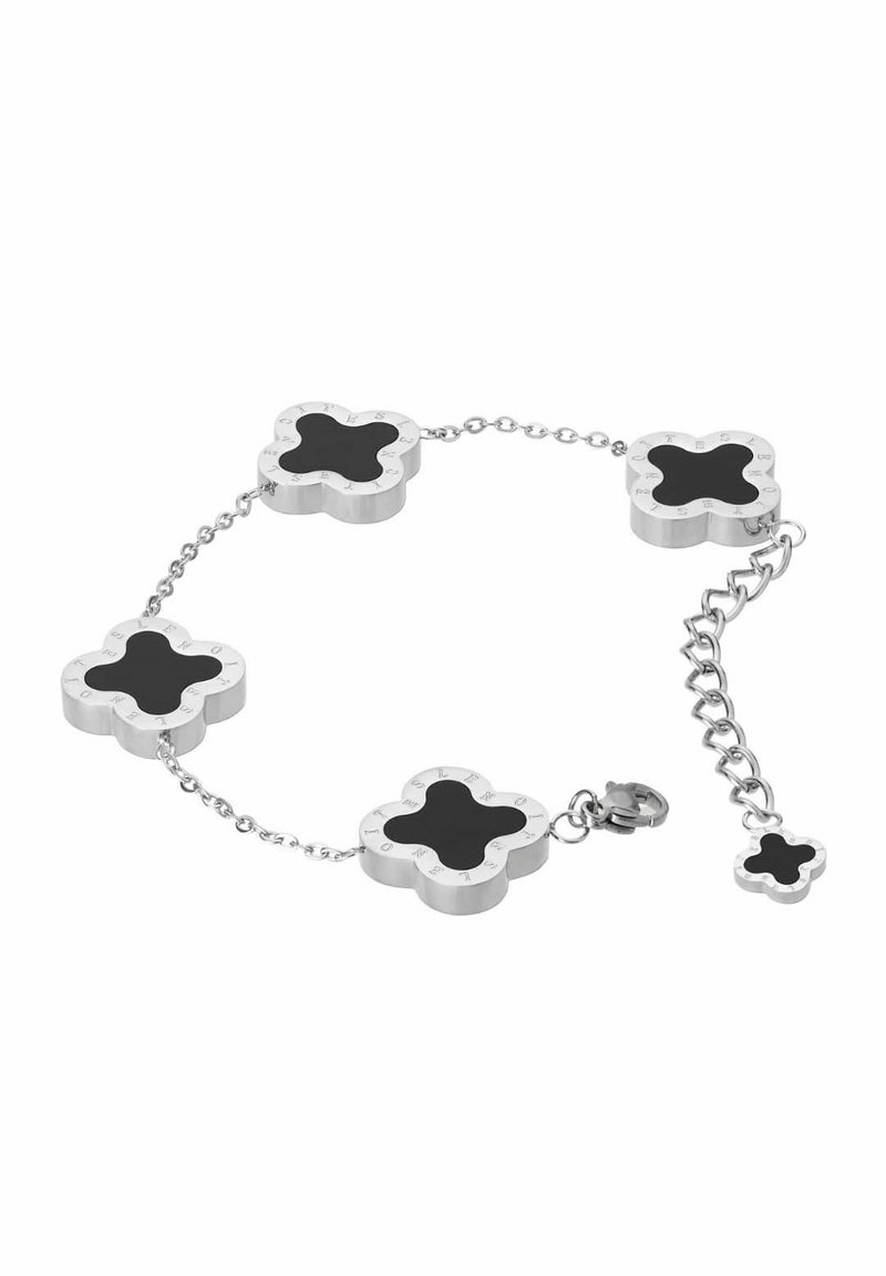 Silverfärgad kedjearmband med fyra blomformerade länkar med svarta centra och ingraverade detaljer, fästs med en krok- och förlängningskedja.