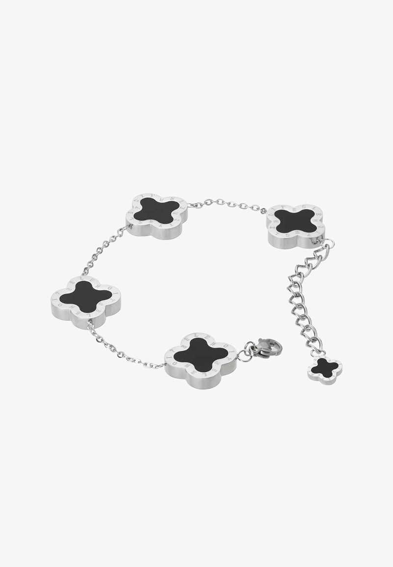 Pulsera de cadena de plata que presenta cuatro eslabones en forma de flor con centros negros y detalles grabados, asegurada con un cierre de langosta y una cadena de extensión.